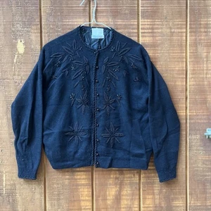 Vintage Black Sweater Large, Hong Kong Lambswool/Angora Beaded 1950's - Picture 1 of 14