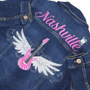 Girls Nashville Denim Jacket L 10-12 Guitar Fairy Distressed Western Rockabilly - Picture 1 of 17