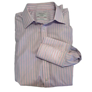 Charles Tyrwhitt London Mens 17.5 Shirt Non Iron Pink Blue Strips French Cuffs - Picture 1 of 9