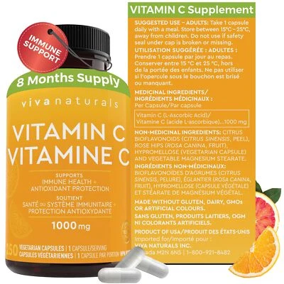 Viva Naturals Vitamina C 1000 mg - Suplementos de vitamina C no transgénicos con cítricos Biofl Foto 1 de 4