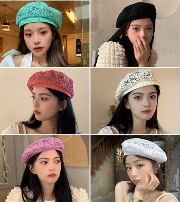 Womens Thin Lace Lightweight Beret Floral Hollow Out Hat French Beret Beanie Cap - Image 1 of 4