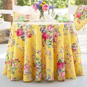 April Cornell Cottage Rose Tablecloth 88 Inch Round Yellow Rose Blue Green - Picture 1 of 5