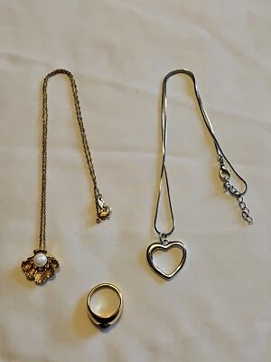 Avon Open Heart Necklace Silver Tone , Shell w/Faux Pearls Necklace & Ring Sz 5 - Image 1 of 4