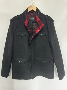 Guess Mens Heavy Wool Blend Jacket Coat XL Black Plaid Military Style - Picture 1 of 8