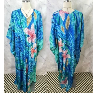 Vestido Hawaiano Floral Vintage Años 80 Estampado Mumu House Talla Única Azul Satinado Caftán - Imagen 1 de 16