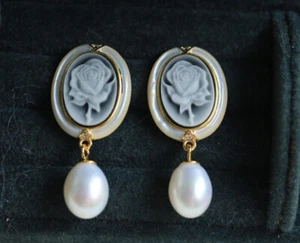 D18 Orecchini Perla Rosa Madreperla Nero Agata Argento 925 Placcato Oro - Imagen 1 de 4