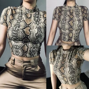 Summer Ladies Casual Top Snakeskin Pattern Half Turtleneck Short Sleeve T-shirts - Picture 1 of 9