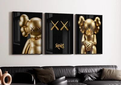Set of 3 Gold Kaws Art pieces canvas wall home decor Portrait Gallery - Image 1 of 4