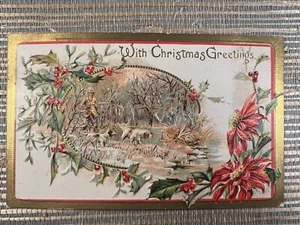 With Christmas Greetings Hunter with Dogs Holly Poinsettia Embossed Postcard - Picture 1 of 2