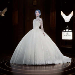 2024 Long Sleeve High Neck Lace Ball Gown Bridal Wedding Dress - Picture 1 of 9