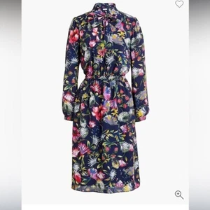 J.crew Factory Vestido Manga Larga Cuello Corbata Azul Marino Rosa Caliente Floral Talla XS - Imagen 1 de 13