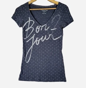 AMERICAN EAGLE Shirt Women's Small Gray Polka Dot Top Vneck Bon Jour Casual Tee - Picture 1 of 9