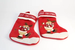 Reindeer Skiing Christmas Stockings Red & White Set Of Two Embroidered Vintage - Picture 1 of 11