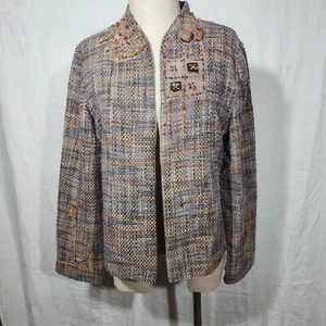 Chaqueta de tweed multicolor LINDA LUNDSTROM talla 10 frente abierto adornada con cuentas - Imagen 1 de 11