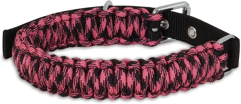 Aspen Pet Paracord Pink & Black Adjustable Dog Collar Sz L 1" W x 22" - 26" Neck