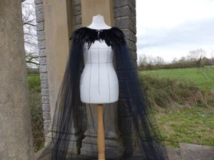 Black Feather Tulle Cape, Open Front with Metal Clasp, 71 inches  - Picture 1 of 9