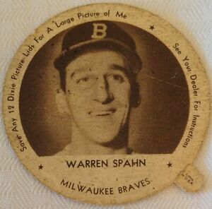 Vintage 1953 MLB Warren Spahn Dixie Lid w/Tab Braves Meadow Gold Version 2 11/16