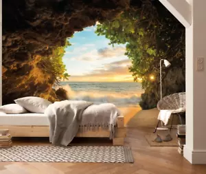 Carta Da Parati Per Soggiorno 368X254Cm Spiaggia Oceano Grotta Blu Marrone Verde - Foto 1 di 6