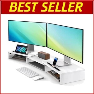 Sturdy Dual Monitor Riser - Adjustable Length 3-Shelf Organizer for Desktops - Picture 1 of 9