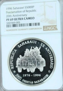 1996 SAHARAWI SILVER 5000 PESETAS REPUBLIC ANNIV NGC PF 69 ULTRA CAMEO TOP POP 1 - Picture 1 of 4