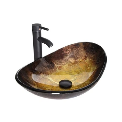 Fregadero de baño con forma de barco, con grifo de bronce frotado con aceite dorado Foto 1 de 4