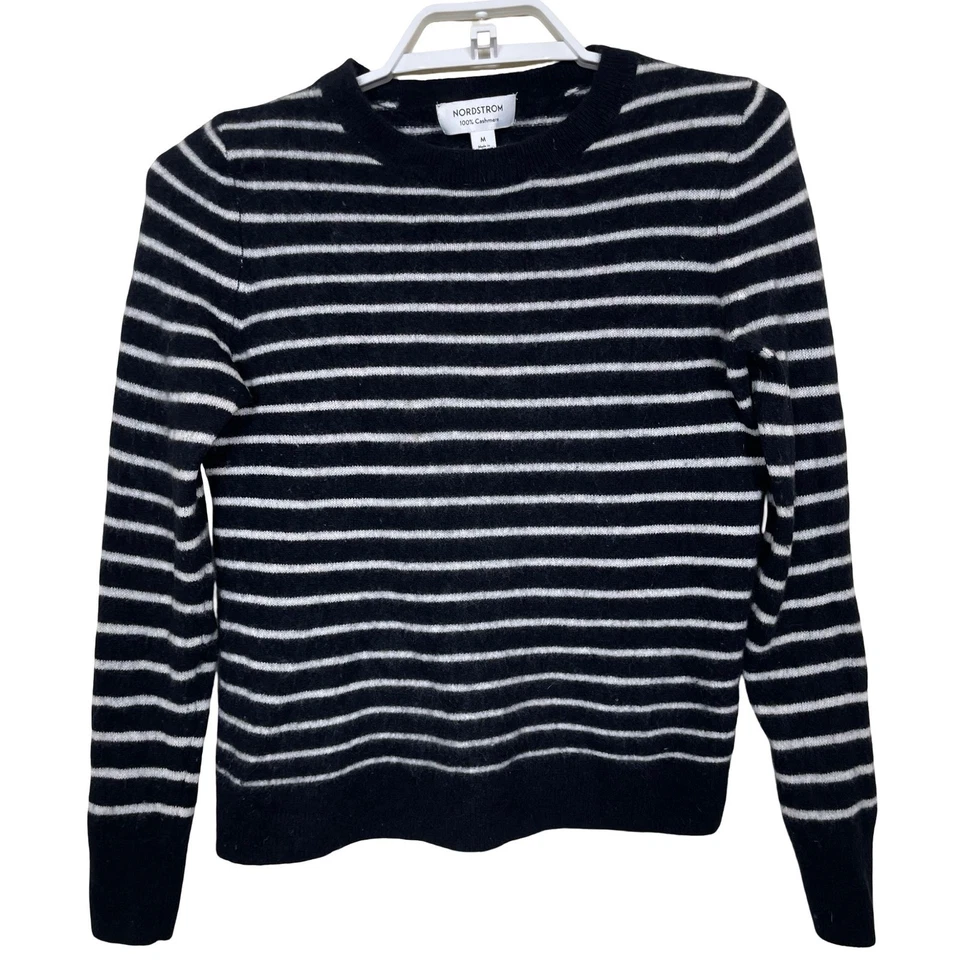 Suéter Nordstrom 100 % cachemir a rayas cuello redondo para mujer M negro blanco clásico Foto 1 de 4