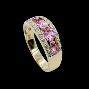 9ct 2 Tone Created Pink Sapphire & Diamond Ring Size N 1/2 Size 3.2g Preloved - Picture 1 of 15