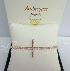 CONFIRMATION GIFT. ROSE GOLD/STERLING SILVER 925/CZ CROSS TENNIS SLIDER BRACELET - Picture 1 of 3