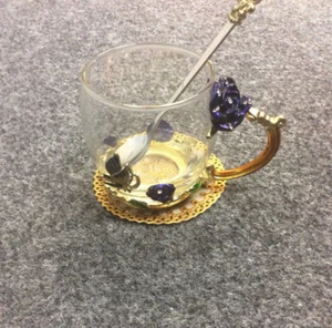 Glass Luxury Hot Chocolate Coffe Tea Cup Blue Gold Butterflies - Picture 1 of 4