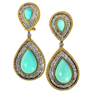 Elegant Vintage 18k Yellow Gold, Diamond and Persian Turquoise Earrings - Picture 1 of 7