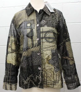 CHICOS Women's Silk Textured Embroidered 5-Button Jacket Top Black Size 1 New - Picture 1 of 12