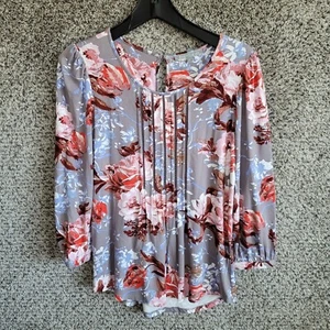 Daniel Rainn Top Womens Small Floral Print 3/4 Sleeve Tee Keyhole Button Casual - Picture 1 of 7