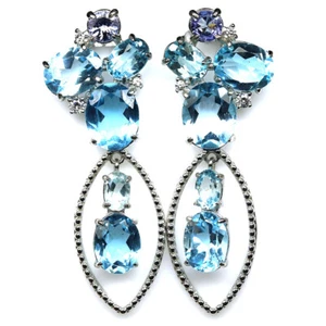 925 Plata de Ley Topacio Azul Cielo, Tanzanita & Circonita Pendientes Oro Blanco - Imagen 1 de 4