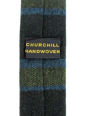 Corbata de jazz ajustada de colección años 60 Churchill tejida a mano lana tweed rayas verdes extremo cuadrado Foto 1 de 4
