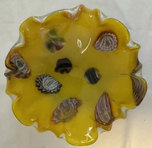Vintage Murano Tutti Frutti Italian Art Glass Bowl Bright Yellow w Multi Colors - Picture 1 of 5