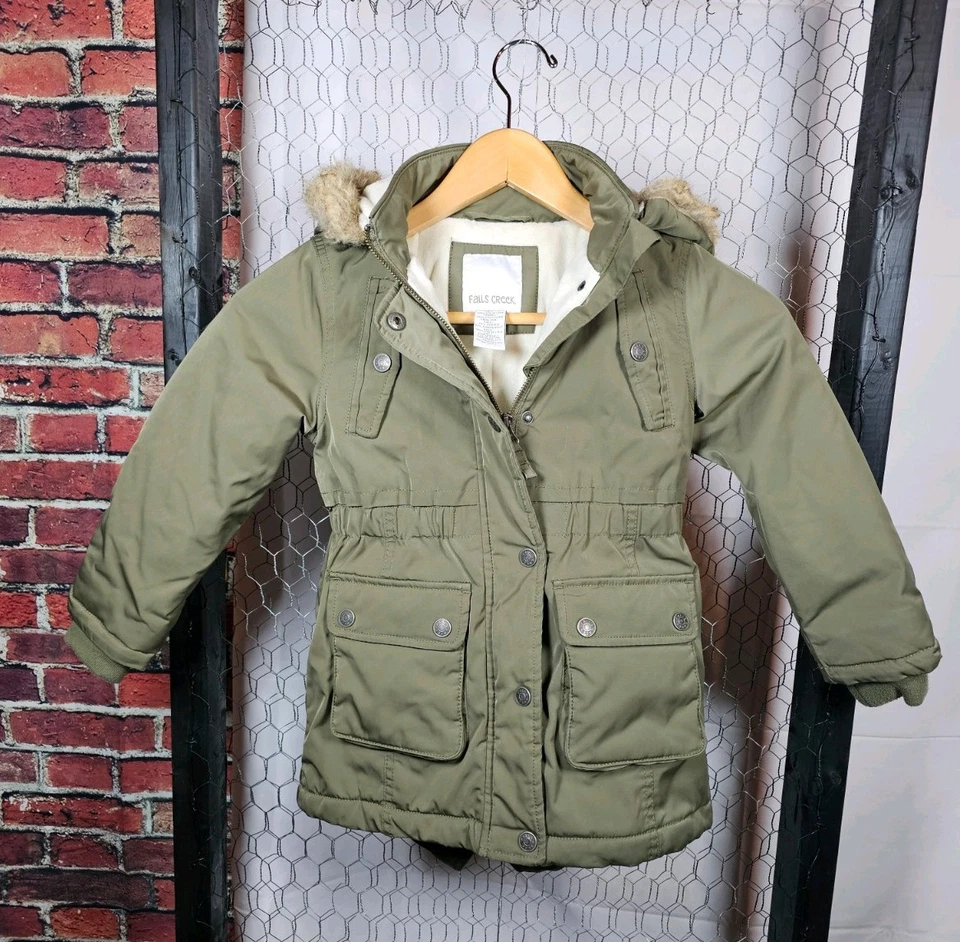 Girls' Winter Coat Size 4/5, Green, Faux Fur Rim Removable Hood, Falls Creek - Image 1 of 4
