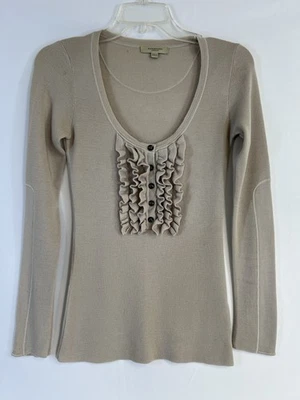 Suéter Burberry London Feminino Pequeno Taupe Lã Merino Babado Botão Manga Longa - Imagem 1 de 4