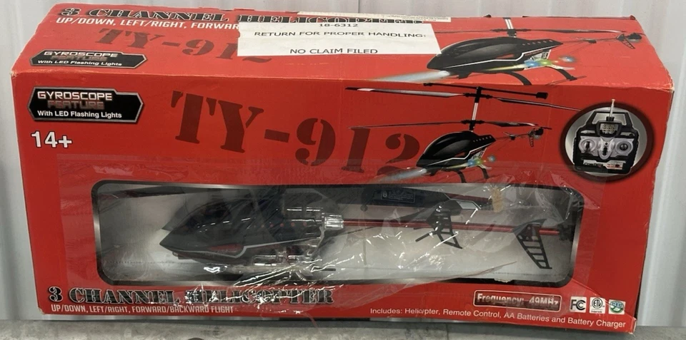 Brand New TY-912 Black Chopper 3CH RC Helicopter Gyro LED 49MHz Box Worn Untestd - Image 1 of 4