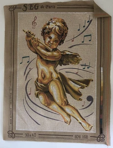 SEG de Paris printed tapestry needlepoint CANVAS Angel Cupid & flute 24 x 35cm - Picture 1 of 2