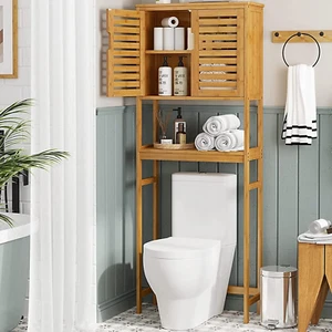 over the Toilet Storage Cabinet, Tall Bathroom Cabinet Organizer with Cupboard a - Picture 1 of 9
