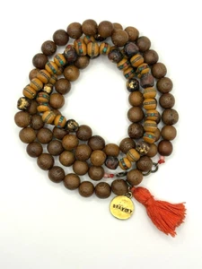Collana Mala Vintage Legno 105 Semi Intarsiato Turchese Corallo Ottone Ciondolo Coraggio - Foto 1 di 21