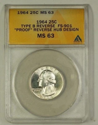 1964 Washington Silver Quarter Coin Type B Rev FS-901 ANACS MS-63 C - Image 1 of 2
