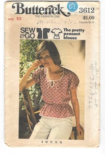 Vintage 1970s Peasant Blouse Sewing Pattern Butterick 3612 Size 10 Bust 32 ½” - Picture 1 of 2
