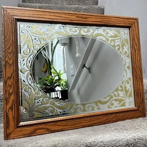Vintage Windsor geätzter Spiegel Holzrahmen funkelndes Gold Milchglas 28x22" - Bild 1 von 10