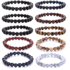 New Men Women 8mm Lava Rock Chakra Beads Elastic Natural Stone Agate Bracelets - Picture 1 of 77