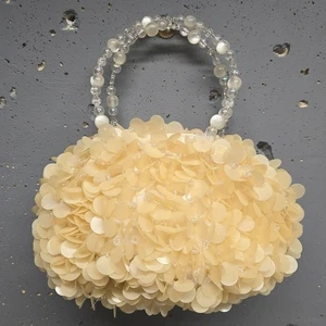 Bolso de mano formal de noche con mango de lentejuelas y cuentas marfil enorme satinado vintage - Imagen 1 de 8