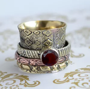 Faceted Garnet Gemstone Ring 925 Sterling Silver Handmade Jewelry Spinner Ring - Picture 1 of 6