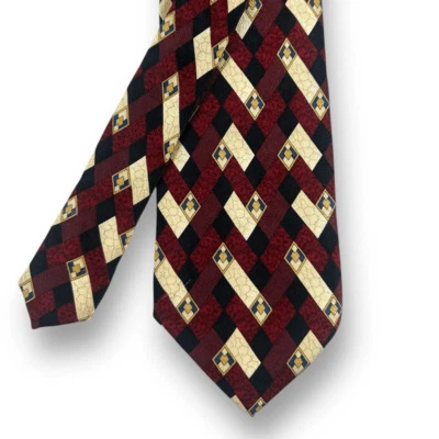 Corbata de cuello 100 % seda granate dorada retro estampado rectangular geométrico para hombre de hoy Foto 1 de 4