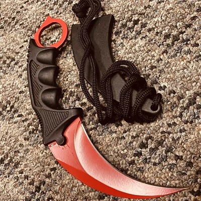 Faca de pescoço CSGO tática Karambit sobrevivência caça lâmina fixa vermelha + bainha - Imagem 1 de 3