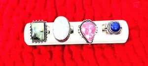 Lotto di 4 anelli in argento sterling prehnite, pietra di luna, rodocrosite, lapislazzuli - Foto 1 di 23